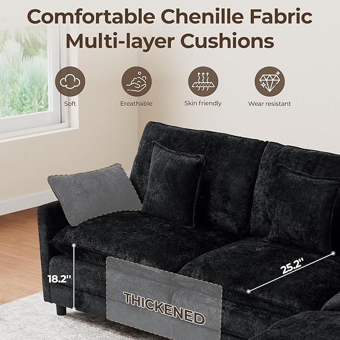 113'' L Shaped Cloud Couch 4-Seater Modular Sectional Sofa with Double Layer Upholstered Seat Cushion Chenille Deep Seat Couches with Ottoman &amp Pillows for Living Room &amp Apartment Black