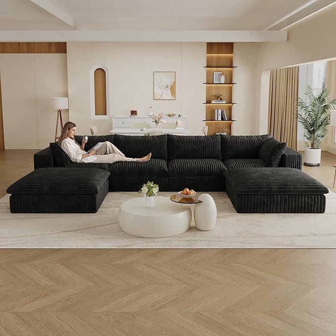157.6 Modular Sectional Sofa Cloud Couch with 2 Ottoman Modern Boneless Couch with Plush Corduroy Fabric No Assembly Fluffy Deep Seat Upholstered Sofa for Living Room (Black U Shape)
