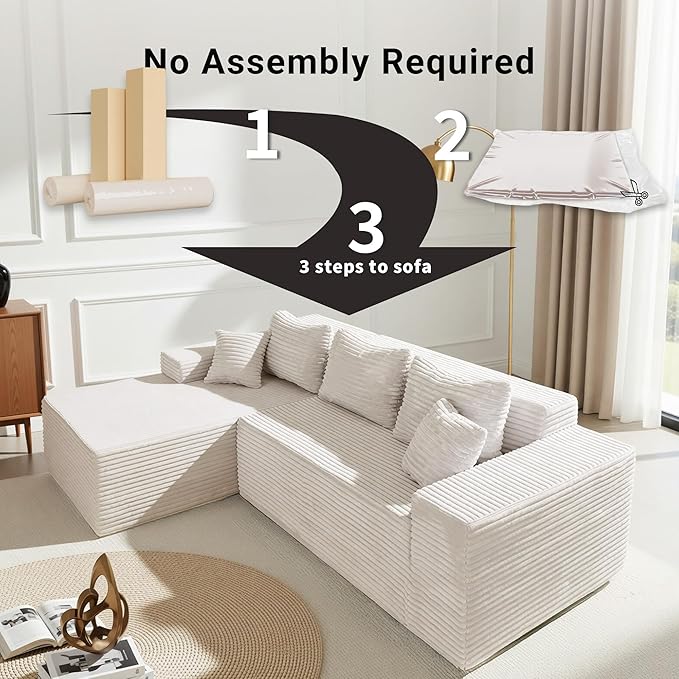 Boneless Couch Cloud Couch Sectional L-Shape Corduroy Modular Sectional Sofa Deep Seat Upholstered Couches for Living Room No Assembly Required Beige Left Facing Chaise