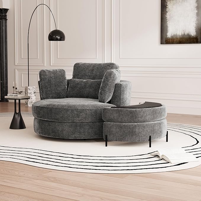 Aoiy &amp Wifon 50'' W Oversized Swivel Barrel Chair with Storage Ottoman Gray Round Accent Chair with Half Moon Ottoman for Living Room Deep Seat &amp Extra Wide Chenille