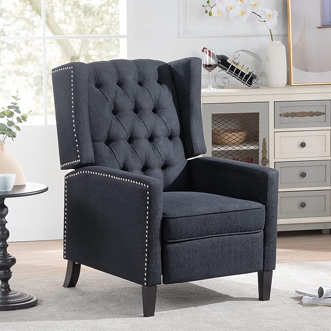 Pushback ReclinerComfortable Wingback Recliner Sofa Chair with Adjustable Backrest Tufted Fabric Upholstered ArmchairRetro Rivets Decorated Recliner for Living Room Bedroom Office Home(Black)
