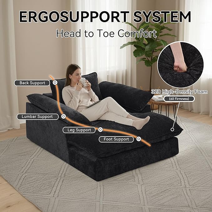 57 Oversized Boneless Chaise Lounge Chair with Ottoman Indoor Comfy Chenille Upholstered Sofa Bed with Armrest No Assembly Deep Seat Sleeper Armchairs Couch for Living Room Bedroom Dark Grey