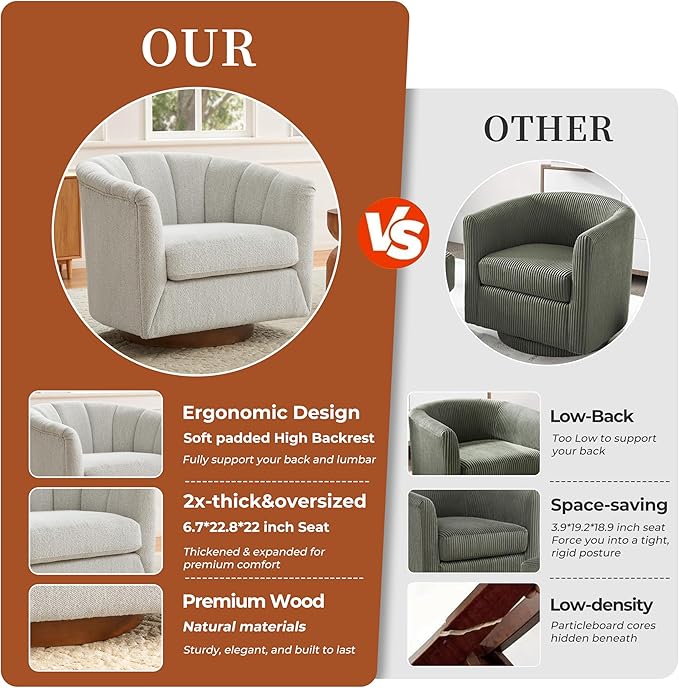SITJOY Swivel Accent Chair Mid Century Modern Barrel Armchair with Solid Ash Wood Base Upholstered Chair for Living Room Bedroom Fabric in Ivory Set of 2