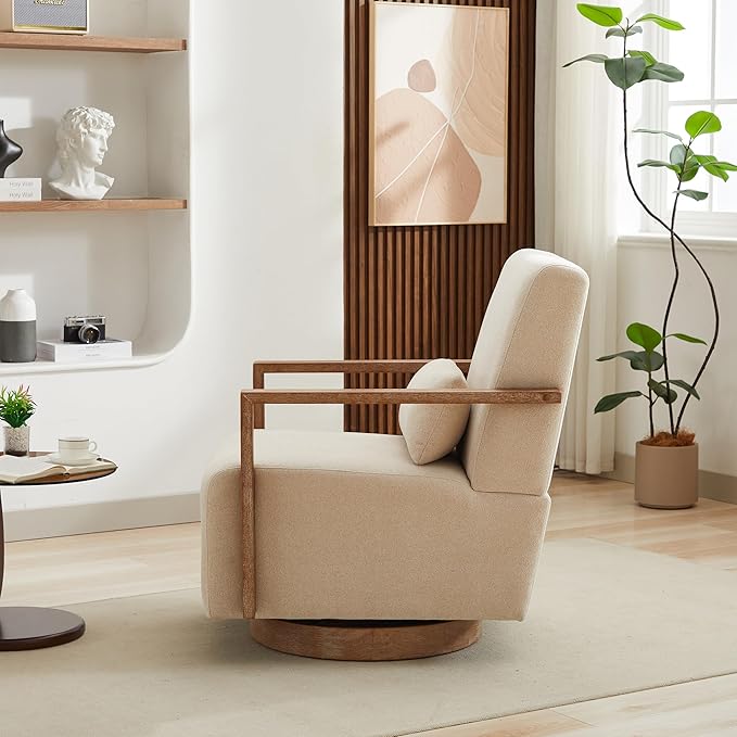 30.3 W Swivel Accent Chair with Solid Wood Armrests Modern Upholstered Armchair with Rubberwood Base 360 Degree Comfy Lounge Reading Chair for Living Room Bedroom or Office (Beige)