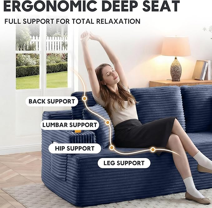 Boneless Sofa Couch Set with Cup Holders &amp Side Pockets Modern Corduroy Fabric Upholstered 3-seat Couch &amp Loveseat Set with 4 Throw Pillows for Living Room Office No Assembly (Blue)