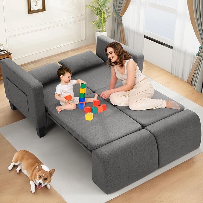 SEJOV 6-in-1 Convertible Sofa Bed 58 Loveseat Sleeper Sofas with Pull Out Couch Bed Removable Backrest Storage Pockets and 2 Pillows Modern Folding Linen Futon Couch for Small Spaces Gray