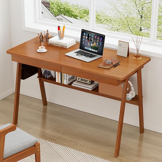 Solid Wood Desk with Drawers - 47.2 Inch Mid Century Modern Desks Writing Desk with Storage Shelf Home Office Desks for Bedroom &amp Home Walnut Color