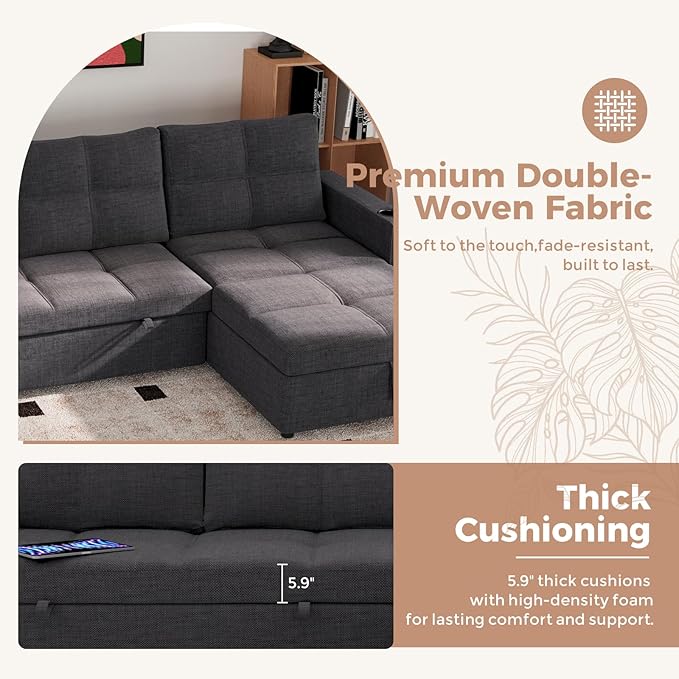 85 inch Sleeper Sofa Couch Bed with Storage ChaisePull Out Couch with USB ChargingSide PocketsConvertible Sectional Sofa for Living RoomApartmentSmall SpacesDark Grey