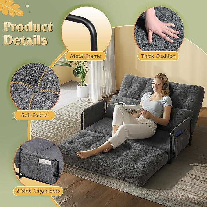 WLIVE Futon Sofa Bed Floor Chair with Adjustable Backrest Bean Bag Bed for Adults with Armrest Pillow Low Profile for Living Room Reading Bedroom Loveseat Grey