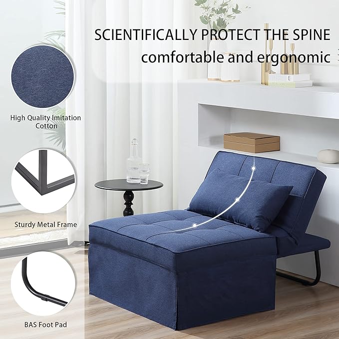 BIGSYY Sofa Bed Set of 4 in 1 Multi-Function Folding Ottoman Breathable Linen Couch Bed with Adjustable Backrest Modern Convertible Chair for Living Room Apartment Office Blue