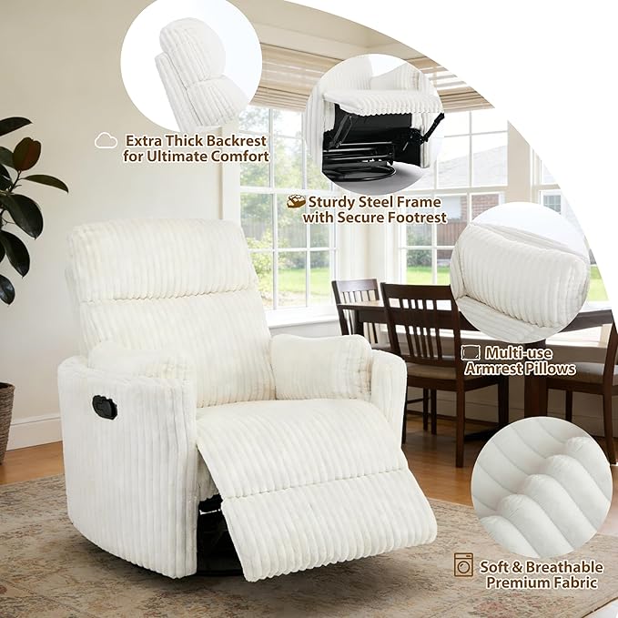 Swivel Rocking Chair Nursery for Adults Swivel Rocker Recliner Glider Barrel Armchair Single Sofa with 2 Pillows for Living Room Bedroom Nursery Beige