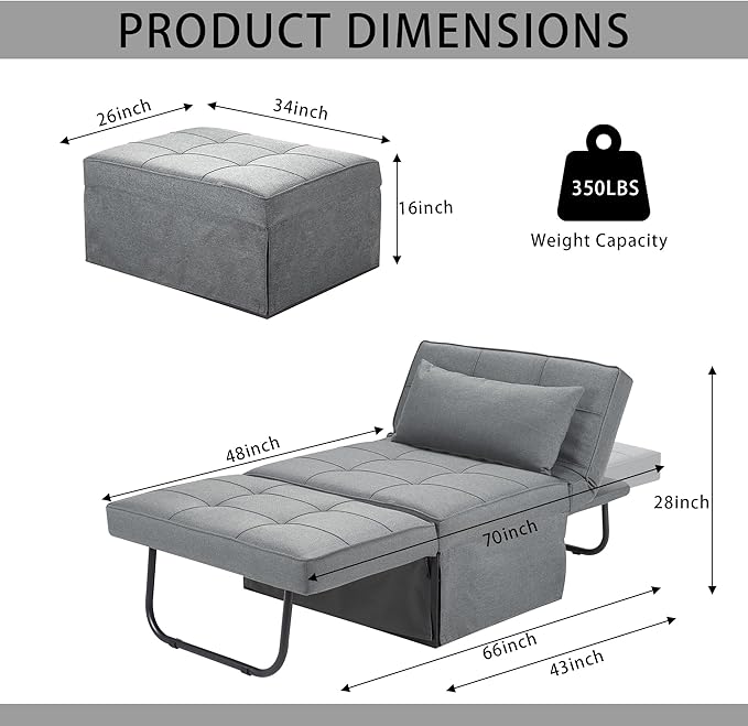 BIGSYY Sofa Bed Set of 4 in 1 Multi Function Folding Ottoman Sleeper BedModern Convertible Chair Adjustable Backrest Sleeper Couch Bed for Living Room Small Room Apartment Light Grey
