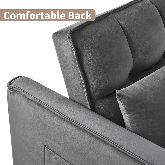 Dark Gray Velvet Pull Out loveseat Sleeper Sofa Bed Convertible Twin Sleeper Chair 3 in 1 Adjustable Backrest with Pillows Pockets Armrests Hidden Stroge for Living Room