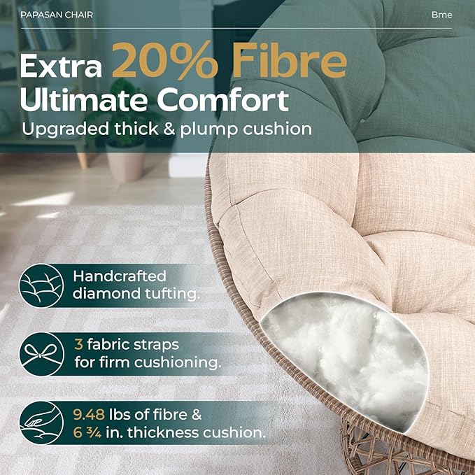 Bme Metal Oversized Swivel Papasan Chair Living Room Chair with Beige Cushion Brown Frame 360° Swivel Skillfully Woven Resin Wicker 46 Inch Wide Bee-Designed Base Modern Style Indoor Use