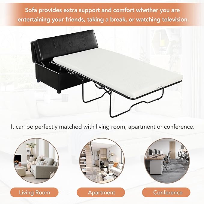 46 Ottoman Folding Bed Twin Size Convertible Ottoman Pull Out Bed with Memory Mattress Foldable Sofa Beds Dual Use Guest Sleeper Couch for Living Room Bedroom Guest Room RV (Black+PU)