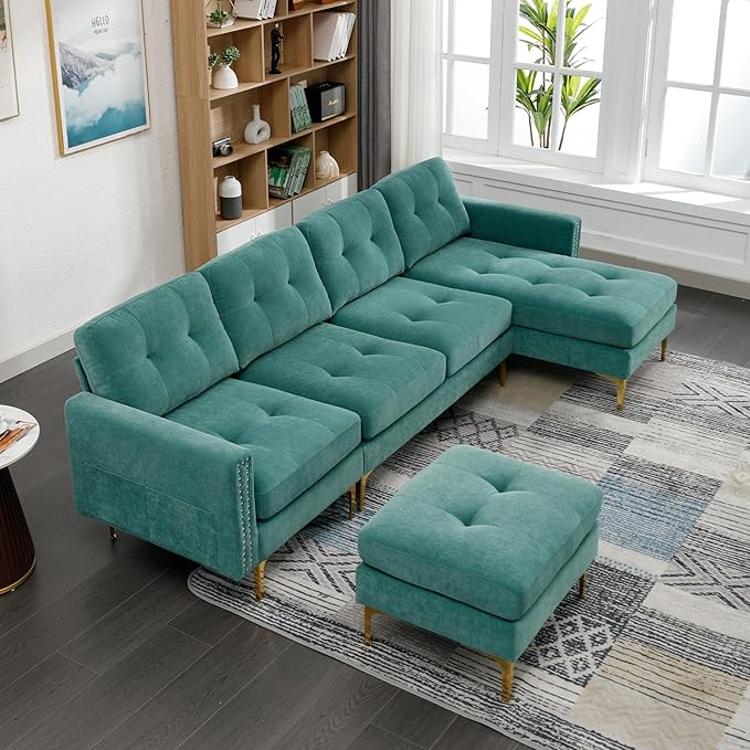 kevinplus 111 Velvet Sectional Sofa Couch for Living Room Modern Contemporary L-Shaped 4-Seat Tufted Sofa Couch with Chaise Lounge &amp Ottoman for Apartment Office Strong Metal Leg Green