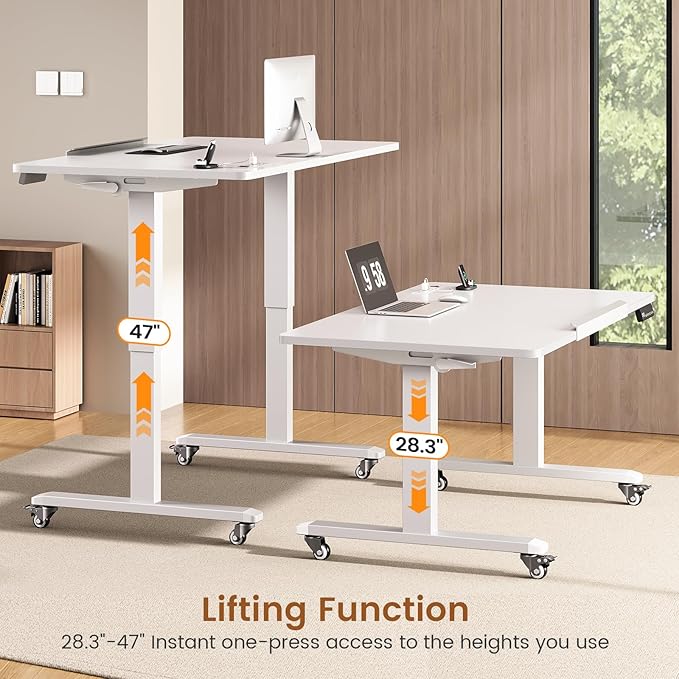 SEDETA 47 x 24 Inches Electric Standing Desk 180° Tiltable Mobile Rising Computer Desk Height Adjustable with Wheels for Drawing/Writing/Gaming/Study/Home Office/Small Space White