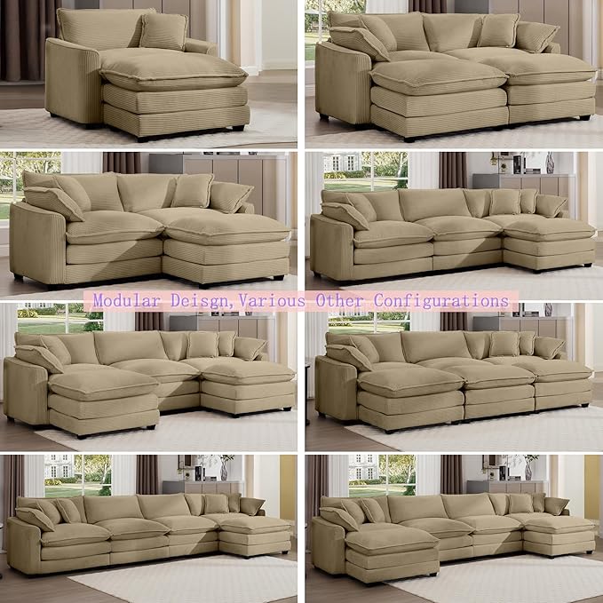 Aoowow Corduroy 3 Seater Sofa CouchModern Large Cloud Couches for Living RoomModular Sectional Cloud Sofas with Deep SeatOversized Tufted 3 Seat Sofa Set. (Tan 3 Seater)