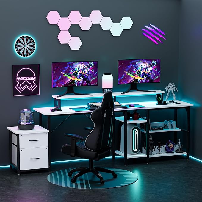 YOUNGAR Office Desk L Shape with File Drawers&ampPower Outlet 69.3 Inch Reversible L Shaped Computer DesksCorner L Shape or Long Desk Set up Monitor Stand &ampStorage ShelvesLED Lights&ampCPU S