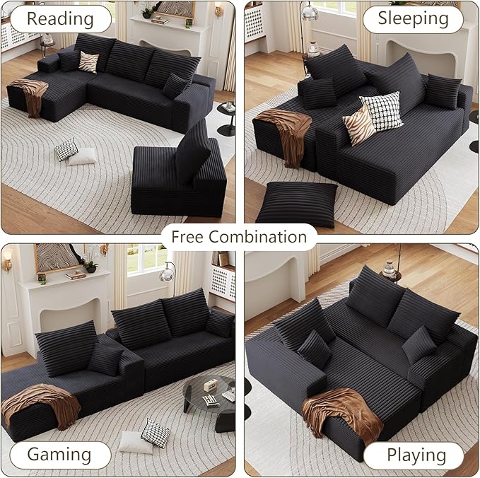 135.4 Cloud Sectional Couch with L-Shape Chaise Modern Modular 4-Seater Sofa with Deep Seat Corduroy Upholstered Couches for Living Room Bedroom No Assembly Required(Black Left Facing)