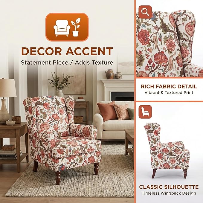 Mid Century Wingback Accent ChairModern Linen Fabric Upholstered Armchair with Retro Wooden LegsFloral Pattern Single Sofa ChairComfy Reading Chair for Living Room Bedroom Office (Floral Red)