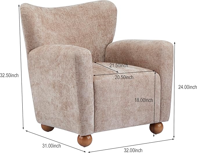 Christopher Knight Home Lindy Wingback Accent Chair Upholstered Armchair with Rounded Wooden Legs Curved Backrest Single Sofa Soft Cushion Seating Comfy Lounge Chair for Living Room Beige Brown