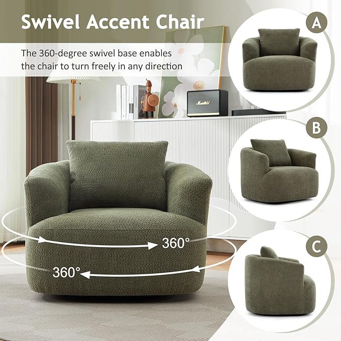 38.2 Swivel Accent Chair Boucle Green Upholstered Armchair Comfy Single Cloud Sofa Chair with Ergonomic Armrests &amp Throw Pillow for Nursery Living Room &amp Offices (Green)