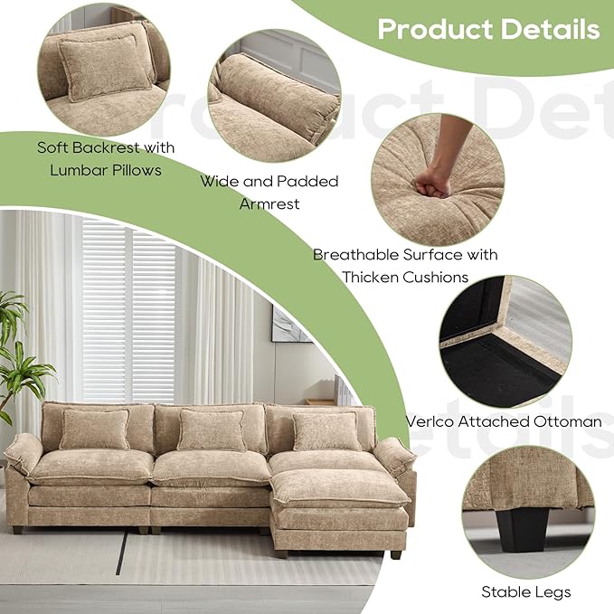 120 Modular Sectional Sofa Comfy Cloud Couch Sectional Sofa with Ottoman Chenille Sofa Sleeper Deep Seat Sofa with Throw Pillows for Living Room (Khaki 120- L Shape)
