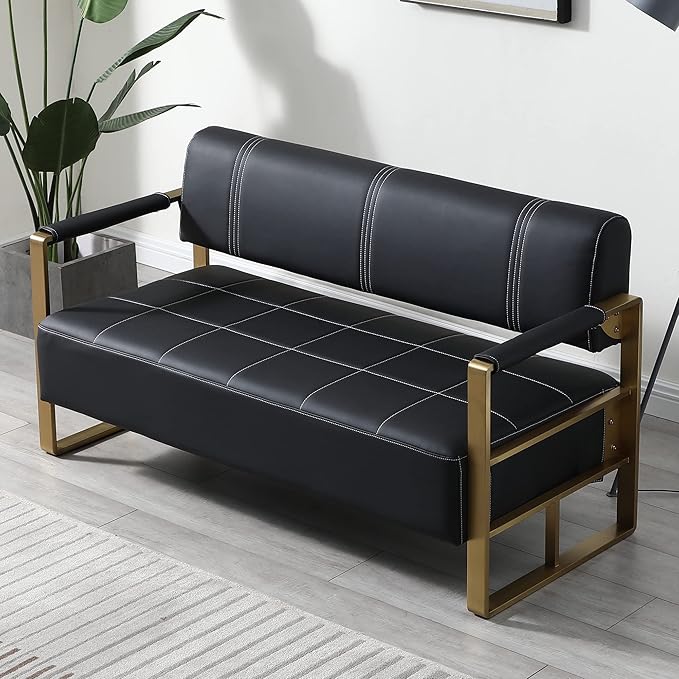 57.9 Modern Leather Loveseat Sofa Upholstery Faux Bonded Leather Accent Futon Couch with Metal Square Arms for Living Room Office Apartment (Black)