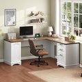 HOOBRO Farmhouse L Shaped Computer Desk Computer Desk with Power Outlets 59 Corner Office Desk with 3 Drawers &amp Adjustable Shelves for Home Office Study White and Walnut WH150UDN01