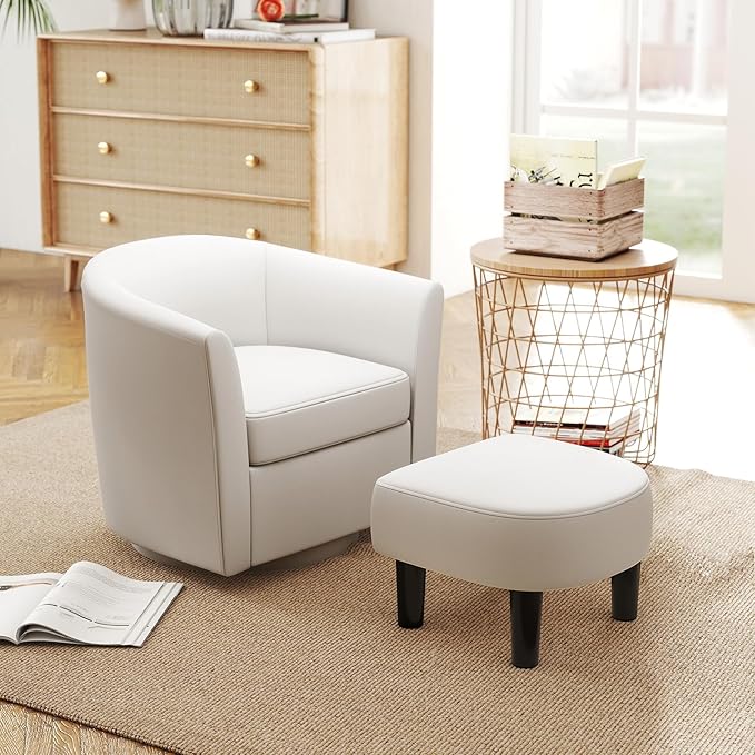 GOFLAME Swivel Barrel Chair with Ottoman Modern Linen Fabric Accent Chair with Footrest Curved Backrest Removable Seat Cushion Upholstered Club Tub Sofa Chair for Bedroom Living Room Ivory