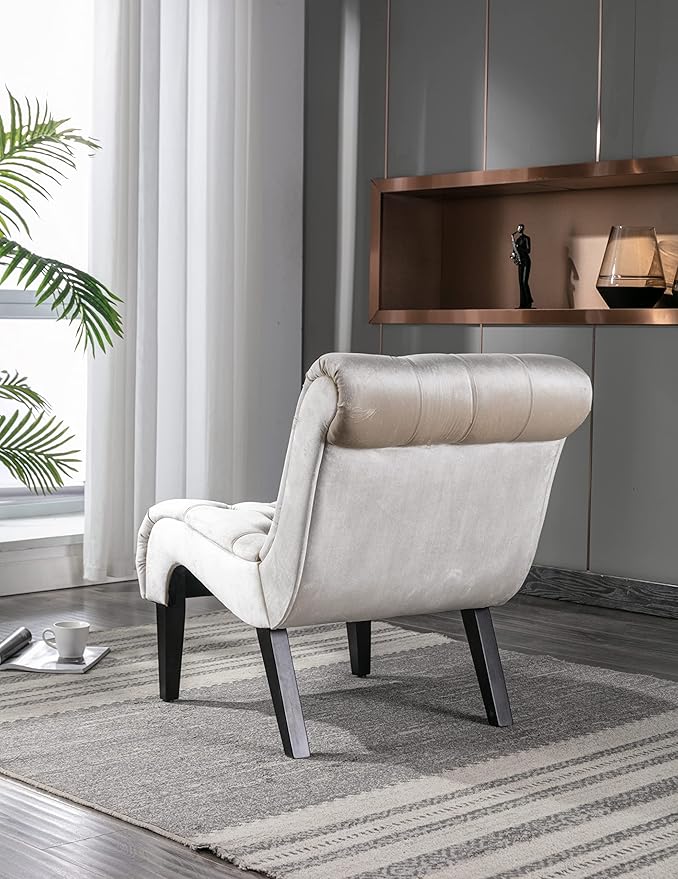 Modern Armless Living Room Chair/Leisure ChairUpholstered Fabric Button Comfortable Chair with Wooden Legs for Bedroom Living Room Office (Beige)