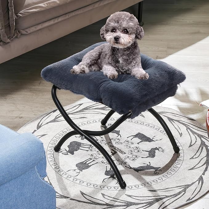 15 Foldable Foot Stool Ottoman with Metal Frame - Washable Faux Fur Navy Upholstered Indoor/Outdoor Footrest for Living Room Bedroom Patio - Space-Saving Compact Design