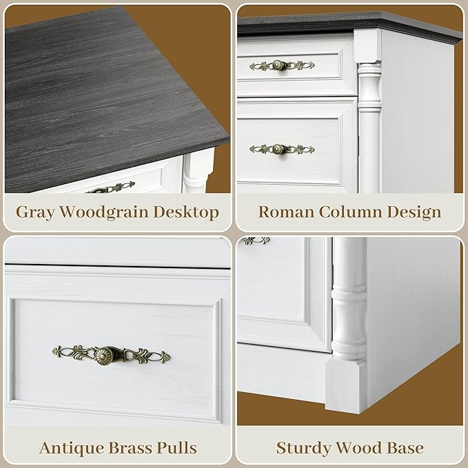 60 Farmhouse Executive Desk with Charging Station Home Office Desk with Drawers &amp File Cabinet Storage Keyboard Tray Wood Computer Desk with Storage for Work and Study Antique White