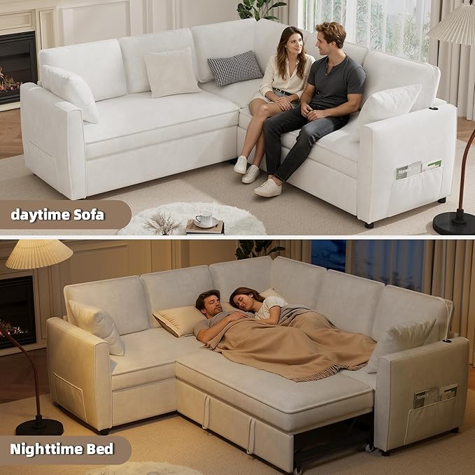 EROMMY 87 Sectional Sofa Couch with Pull Out Bed 5 Seat L Shaped Pull Out Couch Bed with USB Ports Velvet Modular Sleeper Sofa Bed with 2 Throw Pillows Large Sectional Couches for Living Room