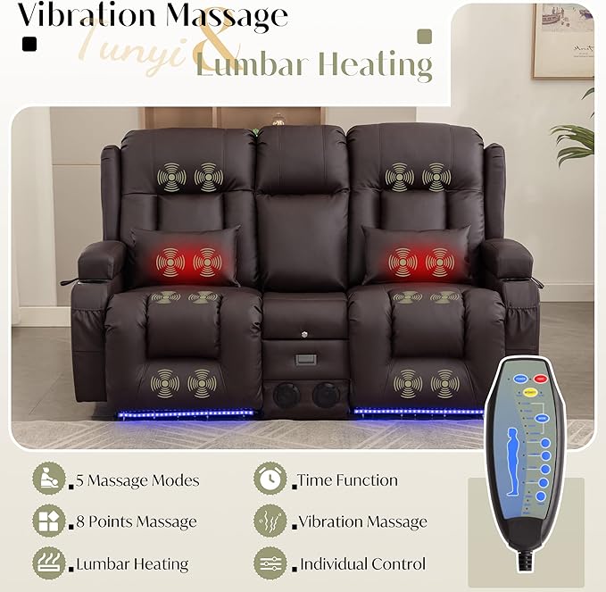 TUNYI Power Loveseat Recliner Sofa Faux Leather Reclining Sofa with Console RV Reclining Loveseat Couch with USB/Outlet/Storage/Side Pocket/LED Light/Speaker (Brown Loveseat)