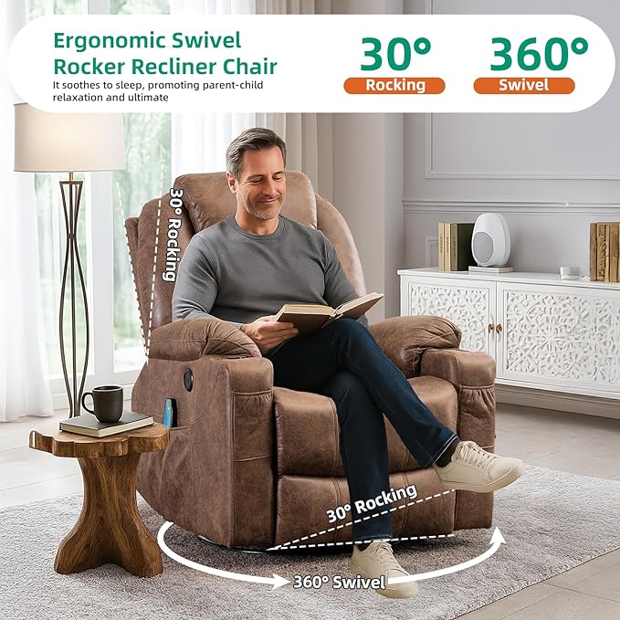 VIVIJASON Manual Massage Rocker Recliner Chair 360° Swivel Glider Lounge Chair with Heat Ergonomic Home Theater Recliner Sofa with 2 Cup Holders Side Pockets &amp USB Ports for Living Room Brown