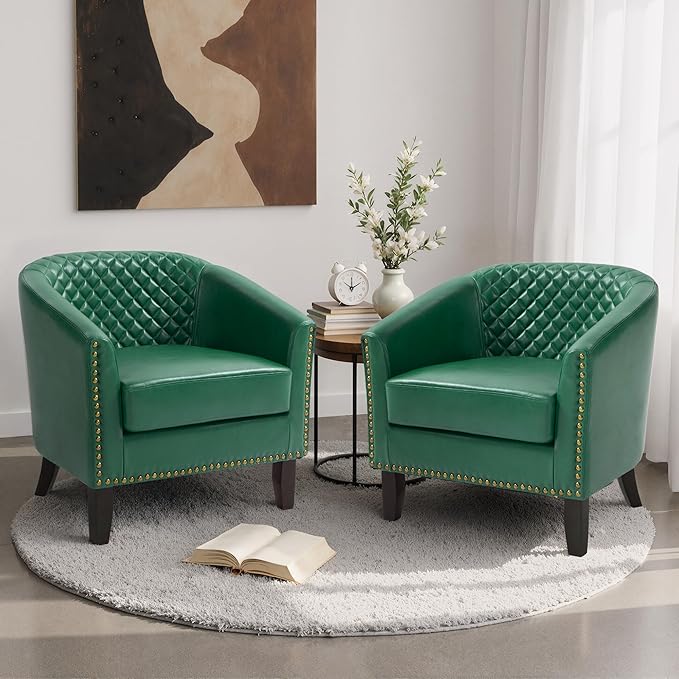 Pia Ricco Faux Leather Barrel Chairs Set of 2 Modern Comfy Accent Chairs Upholstered Armchair Club Chairs with Nailhead Trim Single Sofa Barrel Chair for Living Room Reading Room Green