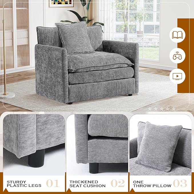 Oversized Chaise Lounge Chair Indoor Modern Comfy Chenille Cloud Accent Chair and A Half with Ottoman Single Deep Seat Sofa Couch Reading Armchair for Living Room Bedroom Apartment Light Gray