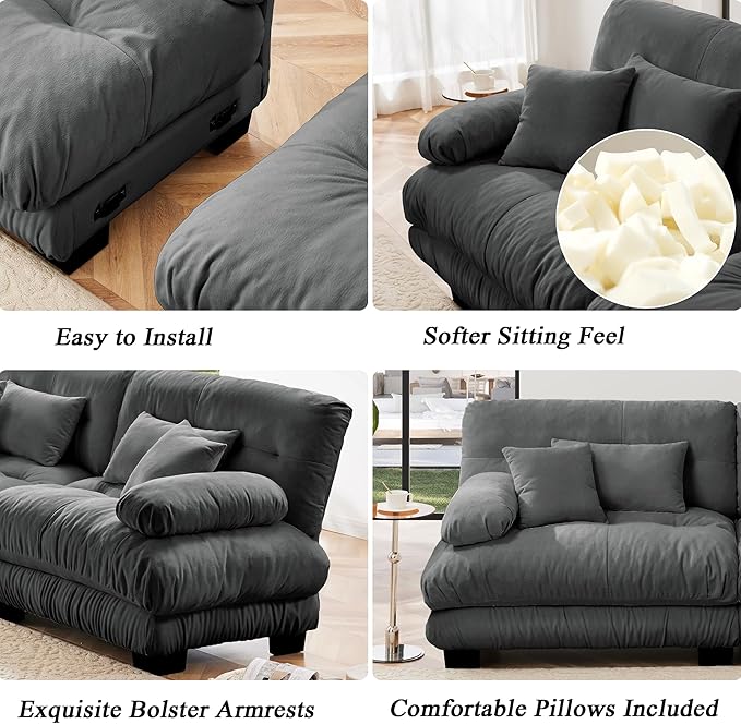 Cloud Couch Modular Sectional Sofa Loveseat U Shaped Couch with Ottoman Sectional Couches for Living Room Oversized Deep Seat Sofa with Round Bolster Armrests 4 Pillows Gray