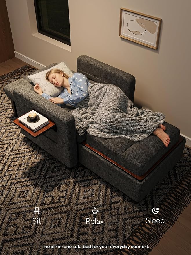 Convertible Sleeper Chair 3 in 1 Pull Out Sofa Bed | Single Sofa Bed with Storage Ottoman and Adjustable Backrest | Reading Chair with Foldable Table &amp USB Port Grey