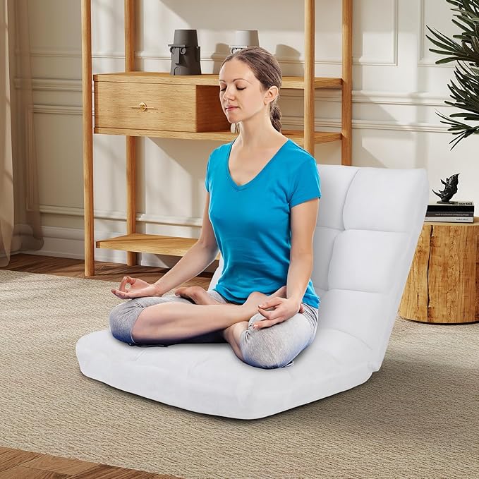 Moccha 14-Position Floor Sofa Folding Sofa Chair with Back Support Memory Foam Floor Gaming Chairs for Adults Adjustable Padded Couch Recliner Chaise Lounge for Reading Meditating (White)