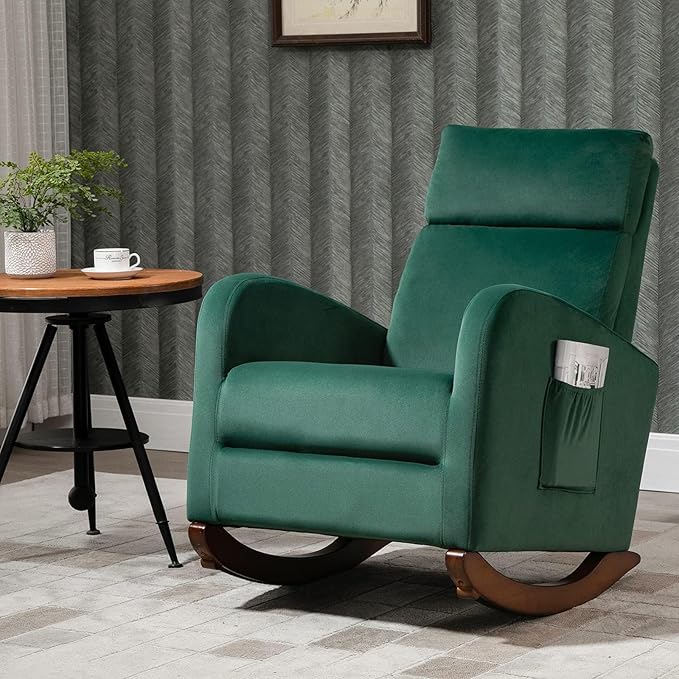 AVAWING Upholstered Rocking Chair Comfortable Glider Rocker with Solid Wood Legs High Back Modern Rocker with Side Pocket for Nursery Living Room and Bedroom Green