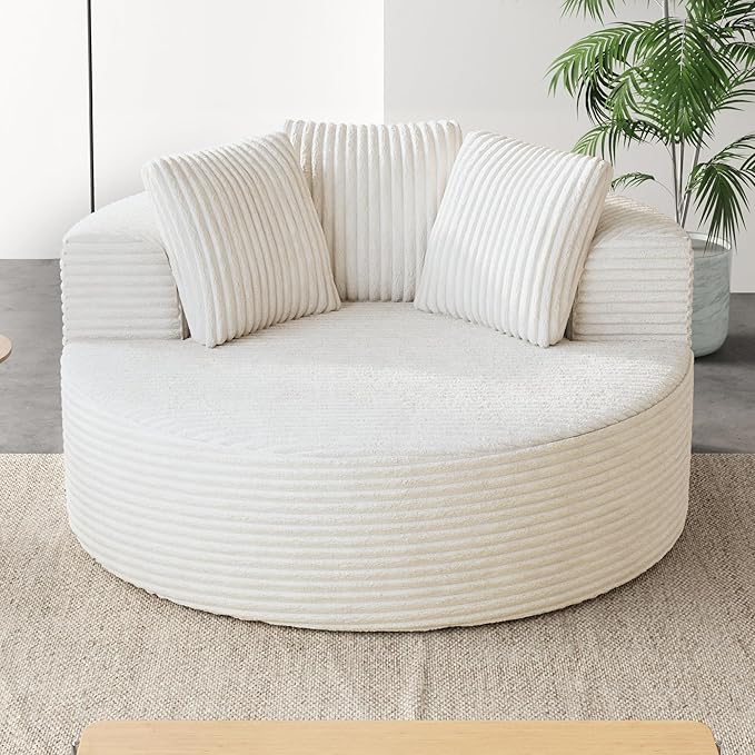 JACH Oversized Sofa Chaise with Three Pillows 50 Corduroy Deep Seat Single Sleeper Sofas Round Upholstered Lazy Floor Sofa for Living Room Apartment Beige