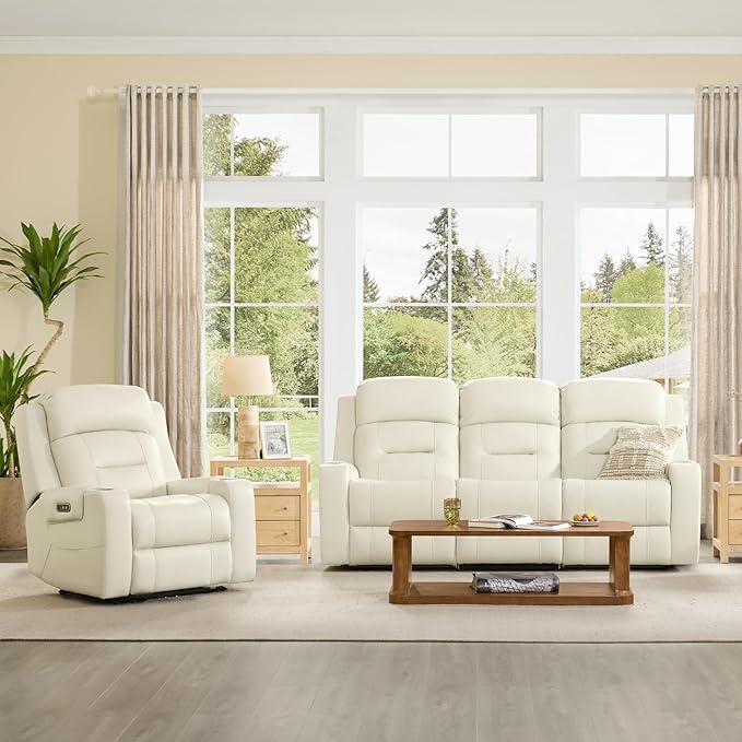 Watson &amp Whitely Genuine Leather Power Recliner Chairs for Adults Lay Flat Recliner with Power Headrest USB Ports and Cup Holders Electric Reclining Sofa for Living Room Bedroom Cream