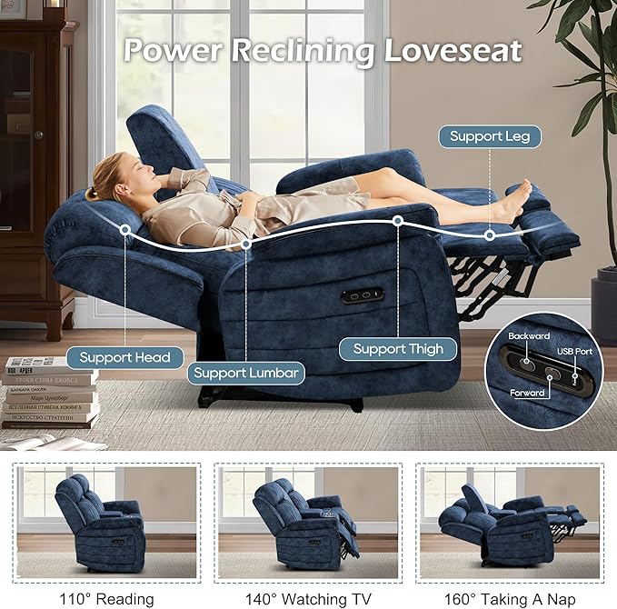 Power Zero Gravity Reclining Loveseat with Adjustable Headrest Double Reclining Loveseat with Console Power Loveseat Recliner with USB &amp Type-C Ports for Living Room (Blue)