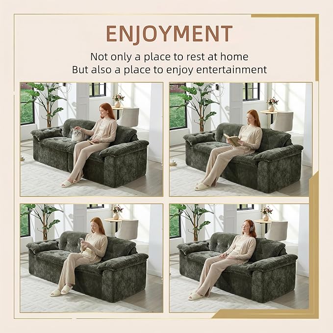 157 Cloud Sectional Couch Deep Seat Boneless Sofa for Living Room with U-Shaped Chaise Comfy Chenille Modular Sofa No Assembly Required (Emerald 79” Loveseat)