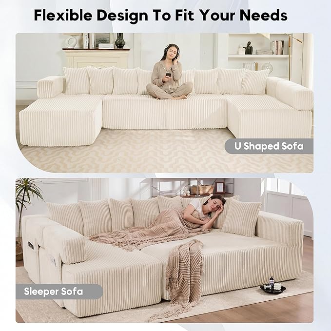Oversized Cloud Boneless Couch 146 Modular Sectional Sofa with Deep Seat Chaise Fluffy U Shaped Couches for Living Room Comfy Plush Corduroy Sofa with 8 Pillows No Assembly Beige White