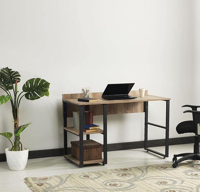 Penau Black Metal Frame Writing and Computer Desk 58In Solid Wood Top with 2 Shelves Home Office Furniture Oak Finish 24In Depth 32In Height 45Lbs Weight