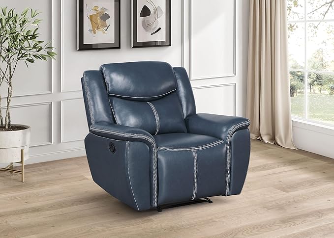 Coaster Home Furnishings - Sloane - Faux Leather Upholstered Recliner Chair with Manual Reclining Padded Arms and Pull Handle - Living Room - Blue - 610273